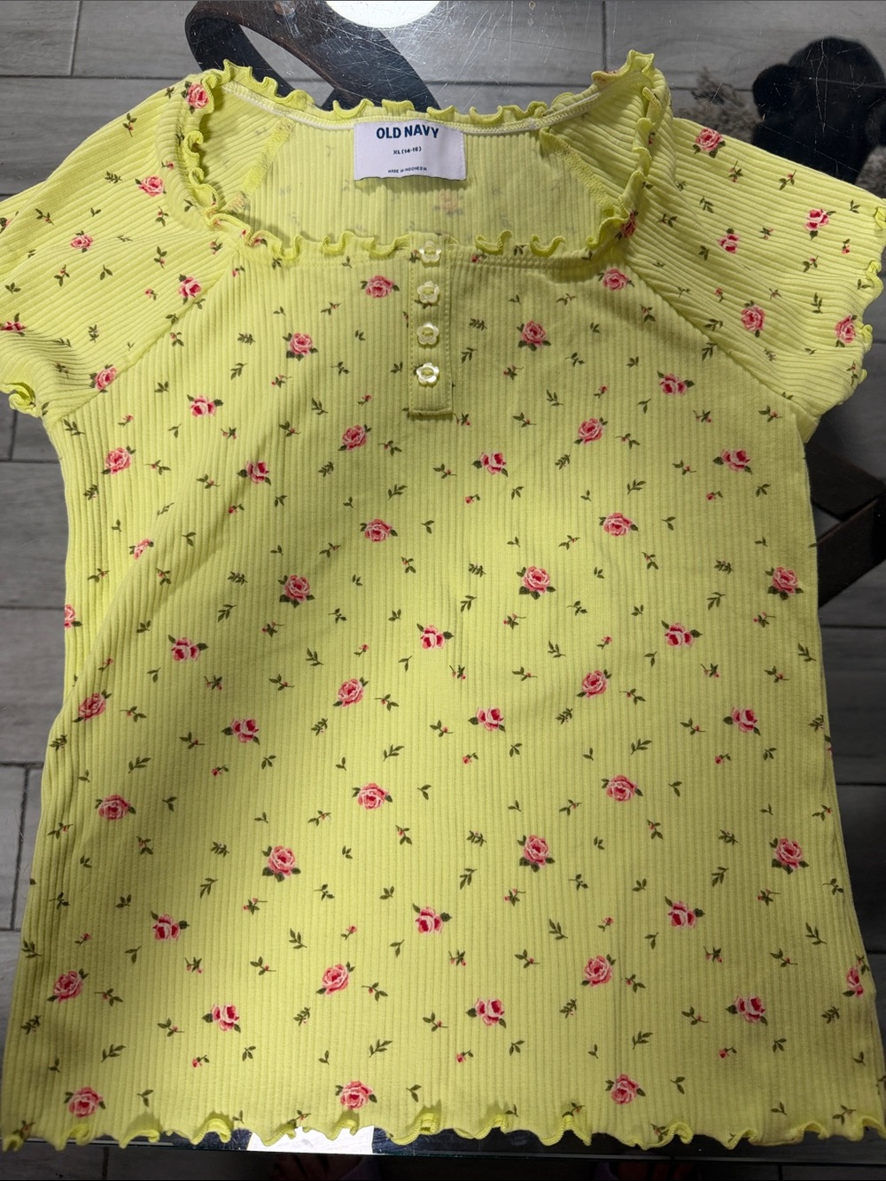 Old Navy Yellow Ribbed Short-Sleeve Top with Pink Floral Print
